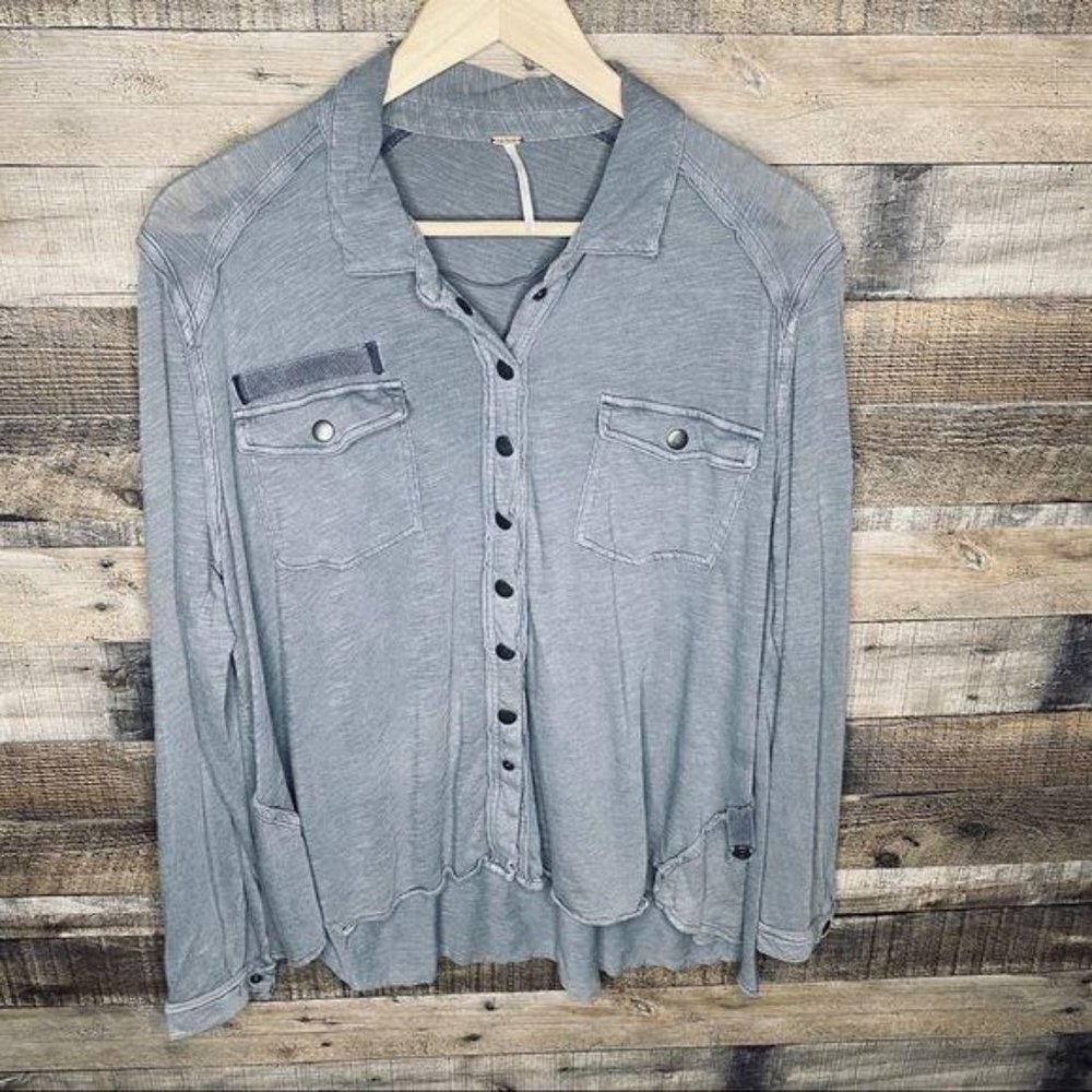 Free People Blue/gray Button Down Long Sleeve S